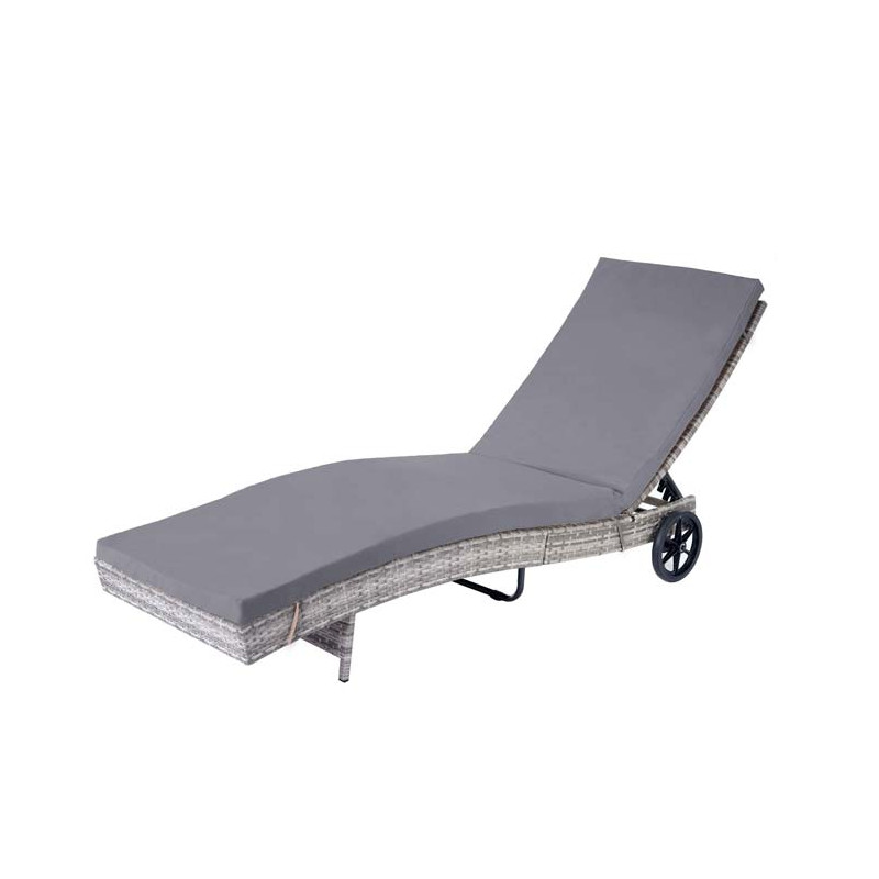 Chaise longue en polyrotin - gris, coussin gris foncé