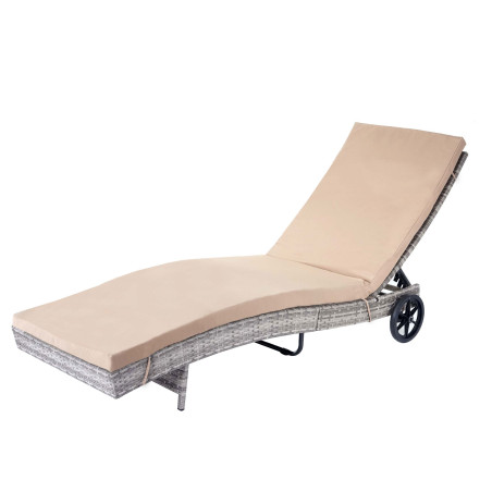 Chaise longue en polyrotin - gris, coussin beige