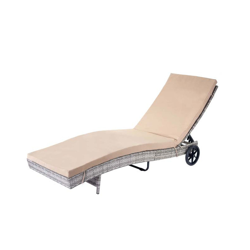 Chaise longue en polyrotin - gris, coussin beige