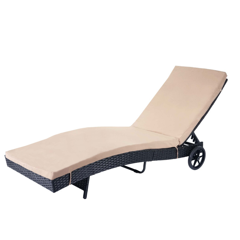 Chaise longue en polyrotin - anthracite, coussin beige