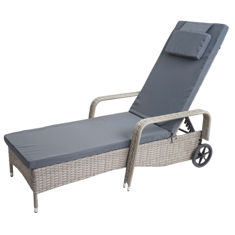 Chaise longue Carrara en polyrotin, transat de jardin, aluminium - gris, coussin gris foncé