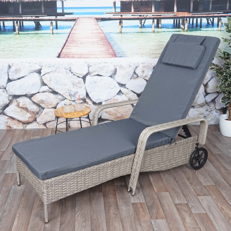 Chaise longue Carrara en polyrotin, transat de jardin, aluminium - gris, coussin gris foncé