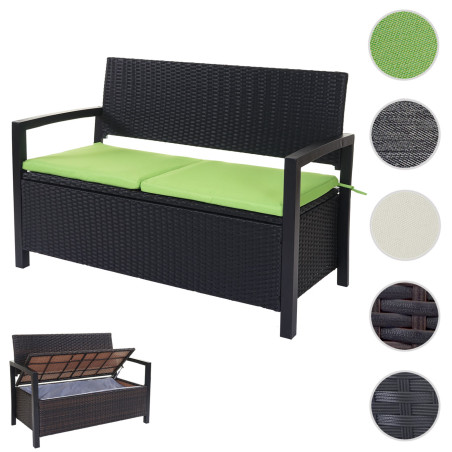 Banc de jardin en polyrotin banquette avec compartiment de rangement - marron, coussins verts