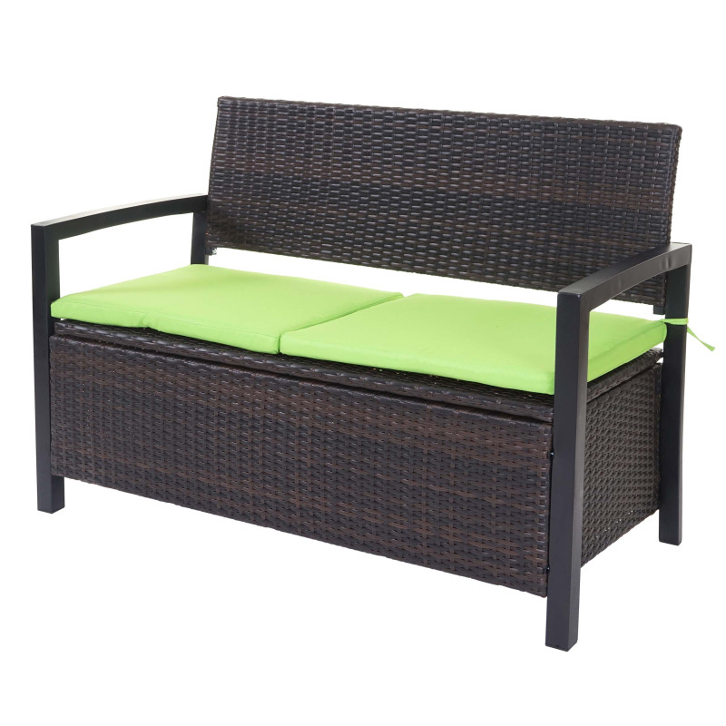 Banc de jardin en polyrotin banquette avec compartiment de rangement - marron, coussins verts