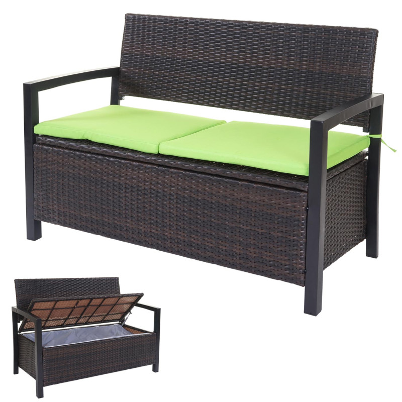 Banc de jardin en polyrotin banquette avec compartiment de rangement - marron, coussins verts