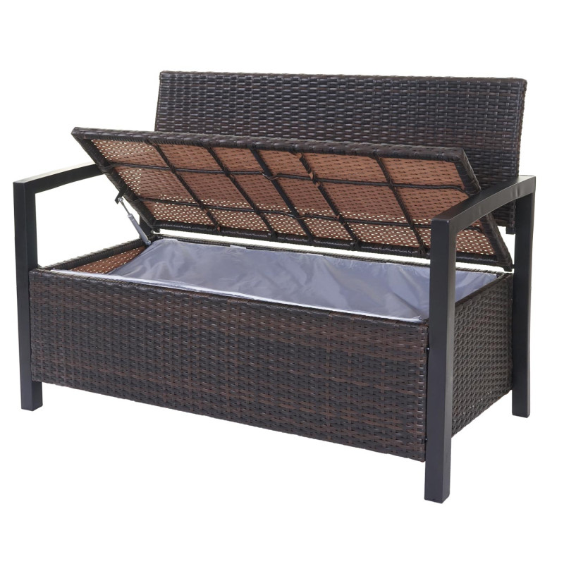 Banc de jardin en polyrotin banquette avec compartiment de rangement - marron, coussins verts