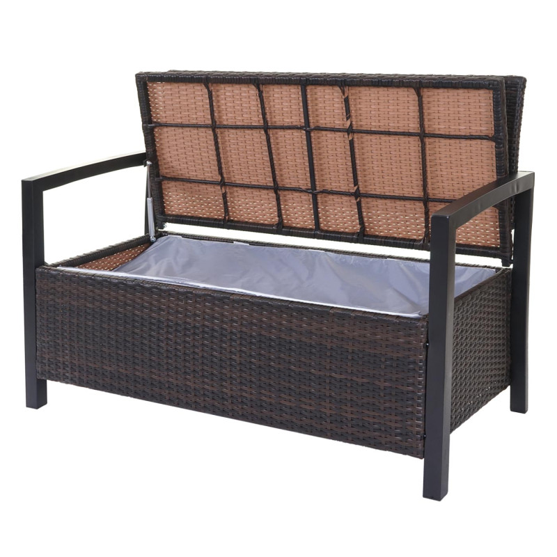 Banc de jardin en polyrotin banquette avec compartiment de rangement - marron, coussins verts