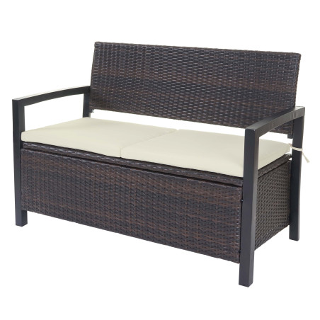 Banc de jardin en polyrotin banquette avec compartiment de rangement - marron, coussins crèmes