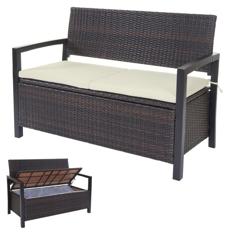 Banc de jardin en polyrotin banquette avec compartiment de rangement - marron, coussins crèmes