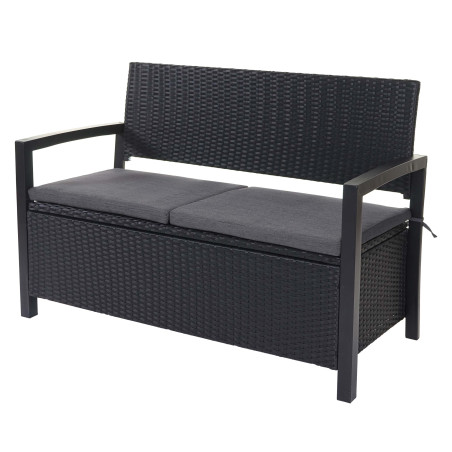 Banc de jardin en polyrotin banquette avec compartiment de rangement - anthracite, coussins gris