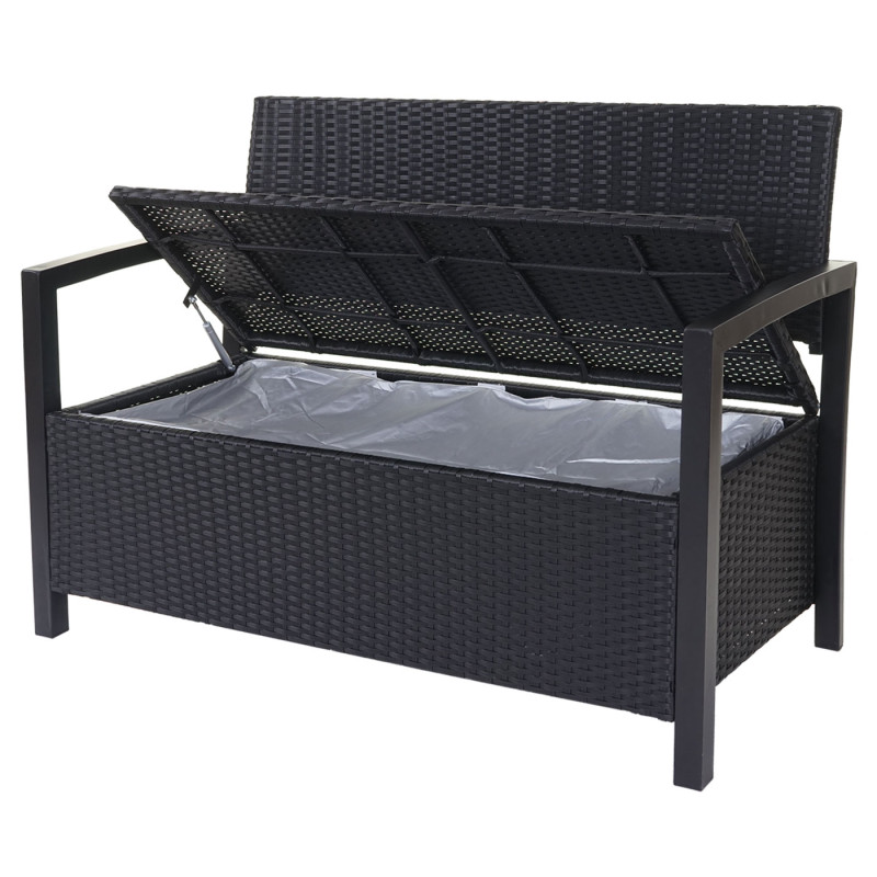 Banc de jardin en polyrotin banquette avec compartiment de rangement - anthracite, coussins gris