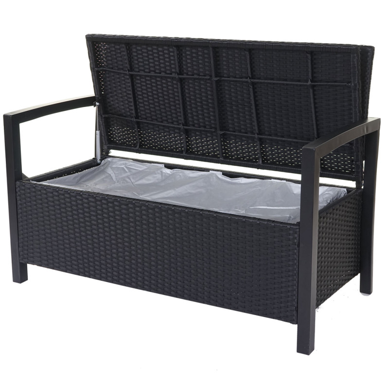 Banc de jardin en polyrotin banquette avec compartiment de rangement - anthracite, coussins gris