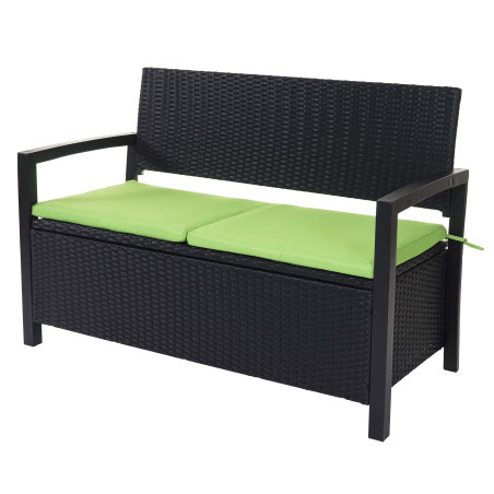 Banc de jardin en polyrotin banquette avec compartiment de rangement - anthracite, coussins verts