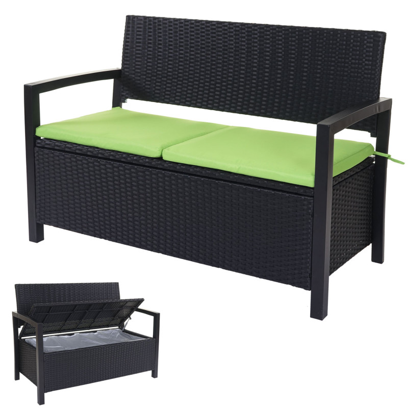 Banc de jardin en polyrotin banquette avec compartiment de rangement - anthracite, coussins verts