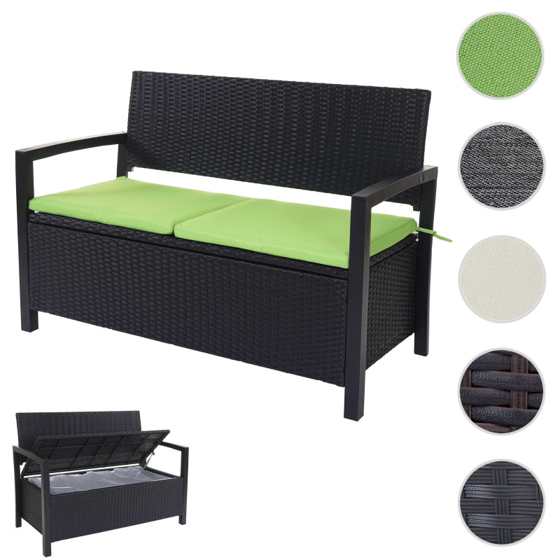 Banc de jardin en polyrotin banquette avec compartiment de rangement - anthracite, coussins verts