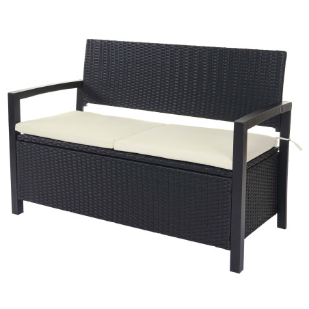 Banc de jardin en polyrotin banquette avec compartiment de rangement - anthracite, coussins crème