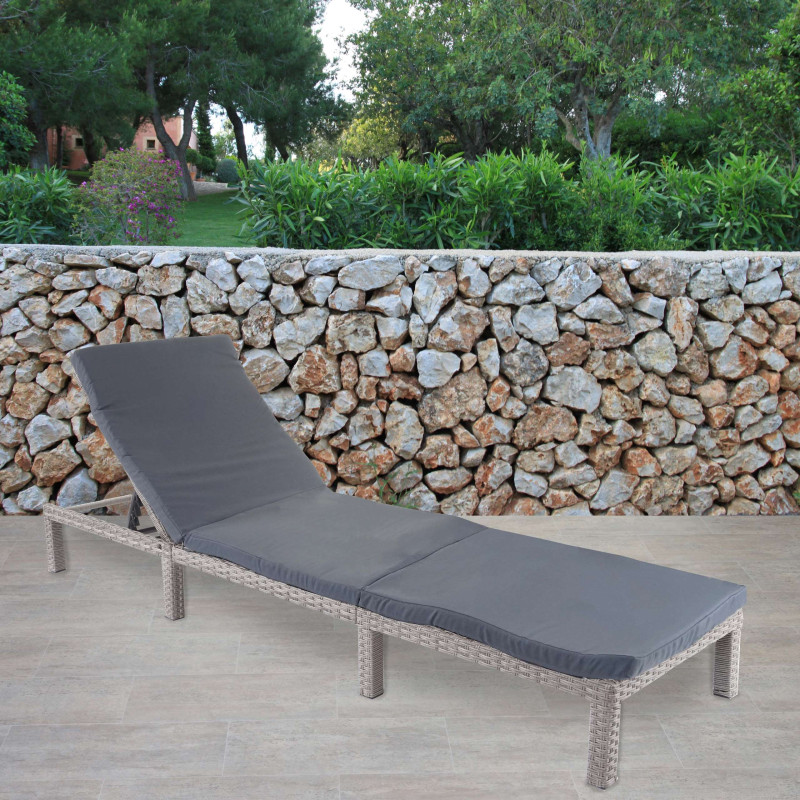 Chaise longue en polyrotin, transat de jardin - Basic gris, matelas gris foncé
