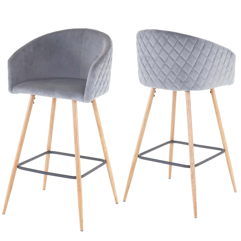 2x tabouret de bar chaise bar/comptoir, avec dossier, tissu - velours, gris