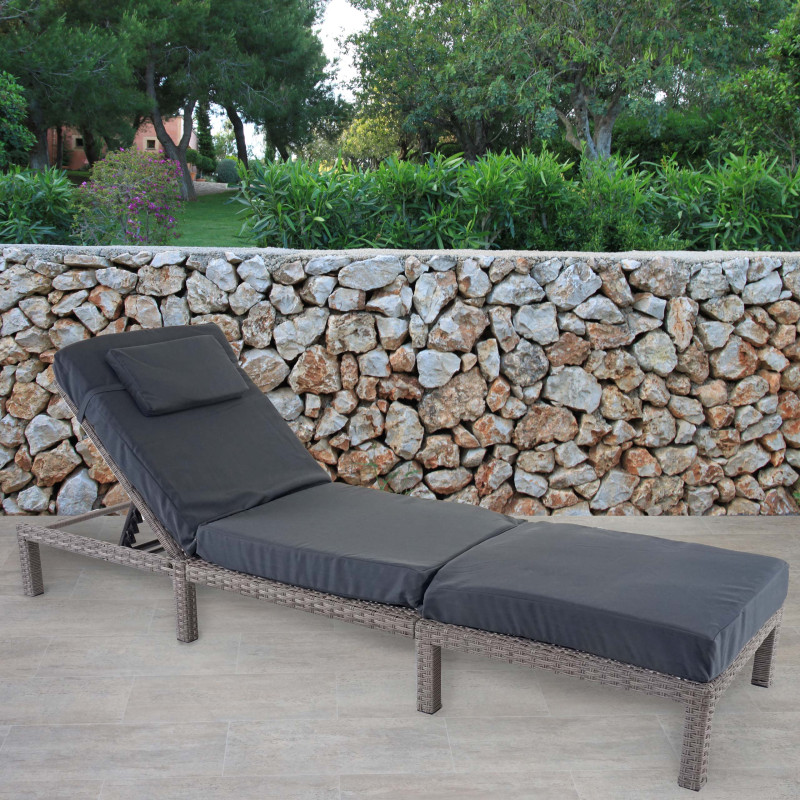 Chaise longue en polyrotin, transat de jardin - Premium gris, coussin gris foncé