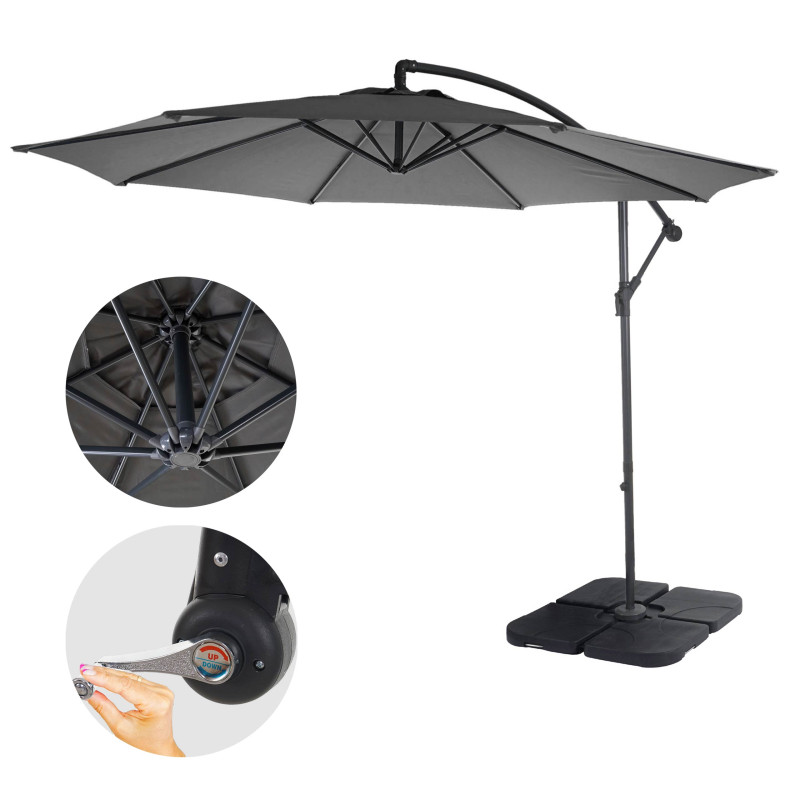 Parasol déporté Acerra, protection contre le soleil, Ø 3m inclinable, polyester 11kg - gris avec socle à poids