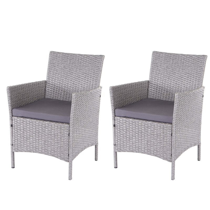 2x chaise de jardin en poly rotin Halden, chaise en osier - gris, coussins anthracite