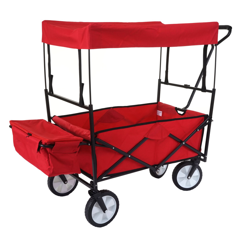 Chariot pliable charette à bras, charette de jardin - avec toit et poche arrière, rouge