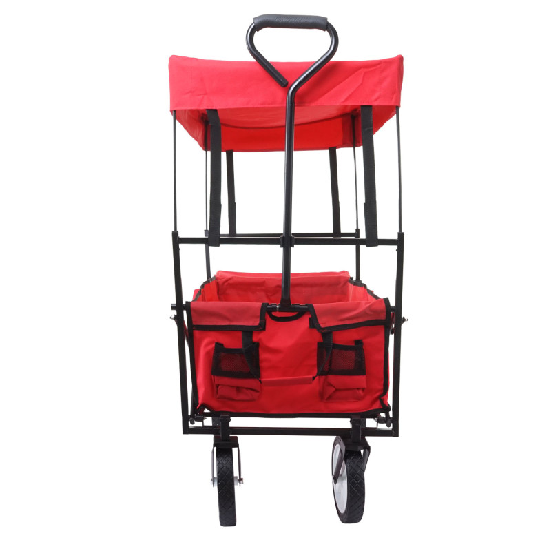 Chariot pliable charette à bras, charette de jardin - avec toit et poche arrière, rouge