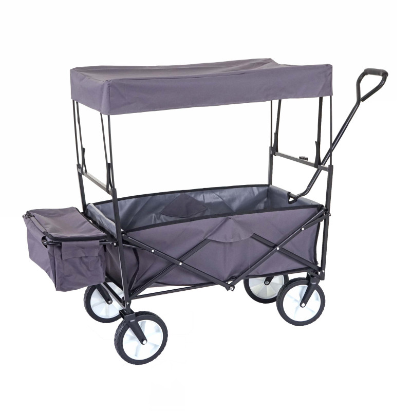 Chariot pliable charette à bras, charette de jardin - avec toit et poche arrière, gris