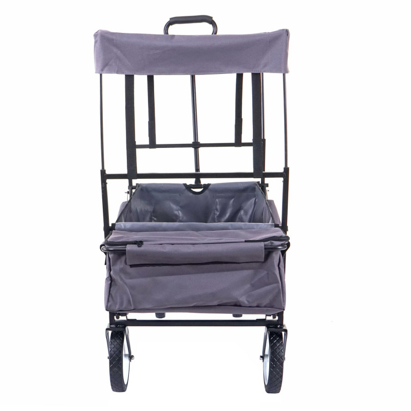 Chariot pliable charette à bras, charette de jardin - avec toit et poche arrière, gris