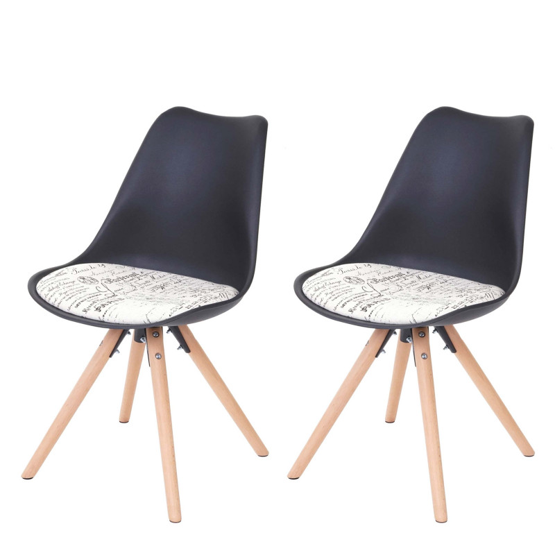 2x chaise de séjour/salle à manger Malmö T501, design rétro - noir, siège tissu avec lettrage, pieds clairs
