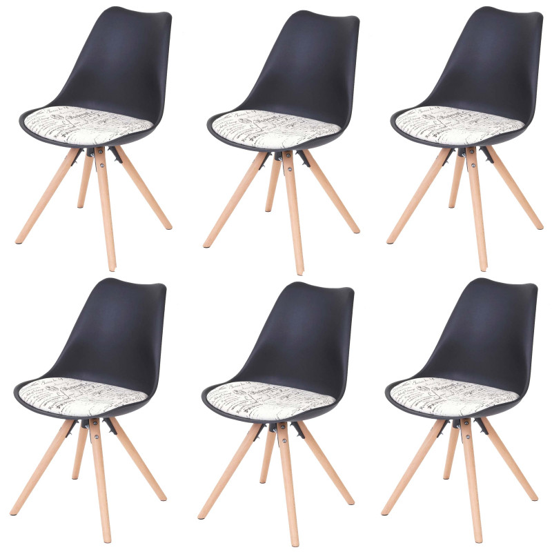 6x chaise de séjour/salle à manger Malmö T501, design rétro - noir, siège tissu avec lettrage, pieds clairs