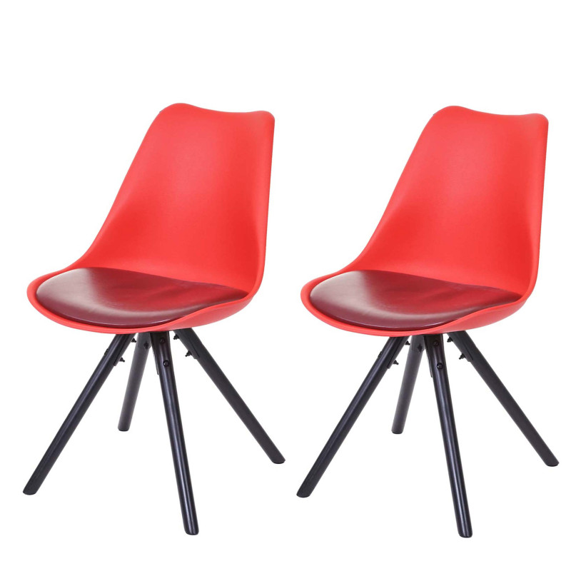 2x chaise de séjour/salle à manger Malmö T501, design rétro - rouge, siège similicuir rouge, pieds foncés