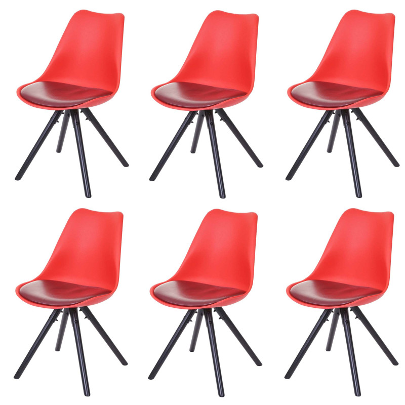 6x chaise de séjour/salle à manger Malmö T501, design rétro - rouge, siège similicuir rouge, pieds foncés