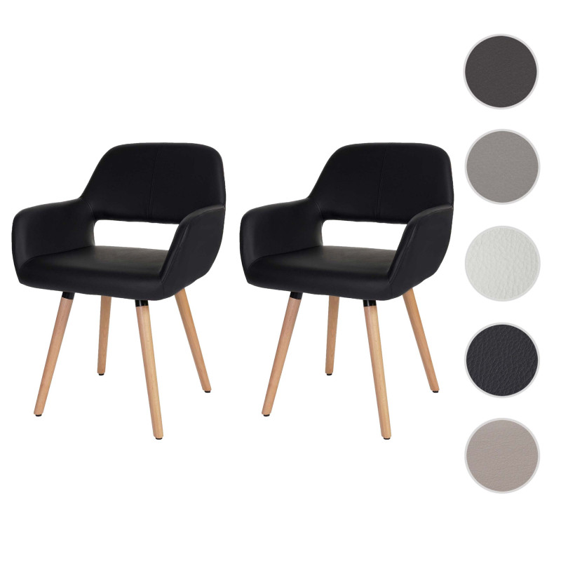 2x chaise de salle à manger fauteuil, style rétro années 50 - simillicuir, noir, pieds clairs