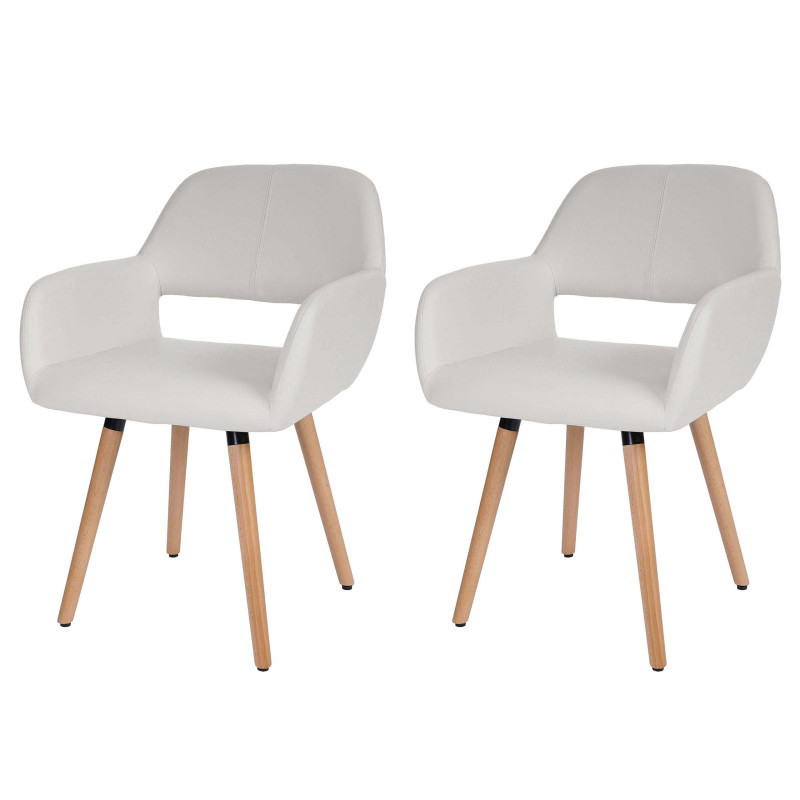 2x chaise de salle à manger fauteuil, style rétro années 50 - simillicuir, blanc, pieds clairs