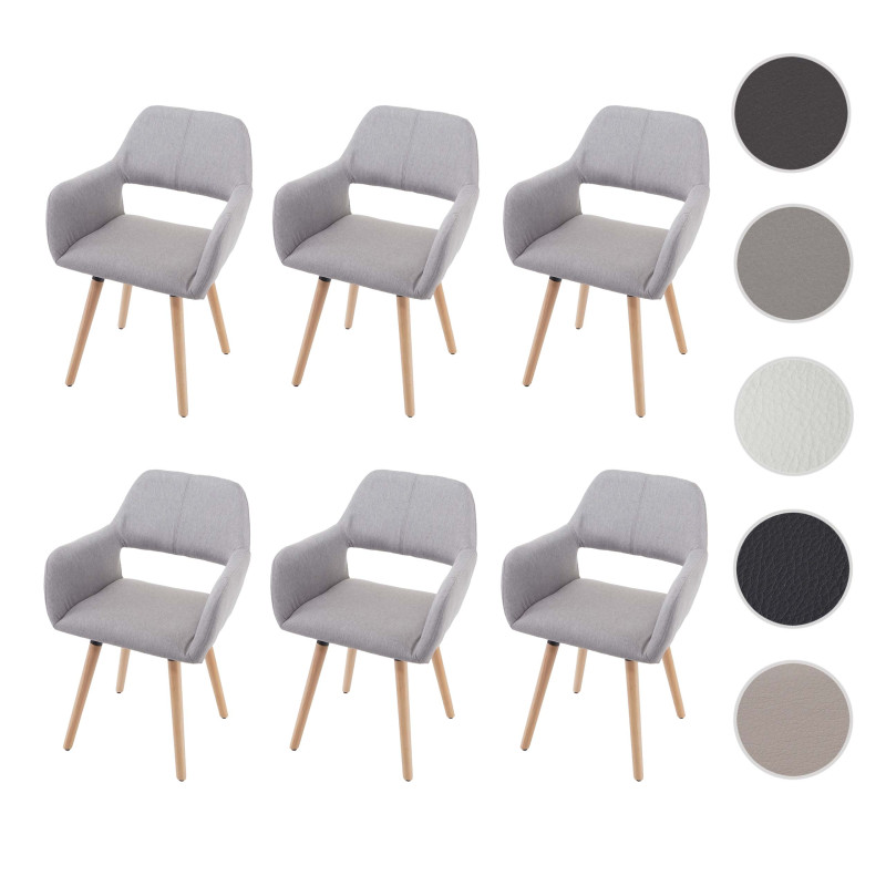 6x chaise de salle à manger fauteuil, style rétro années 50 - simillicuir, blanc, pieds clairs