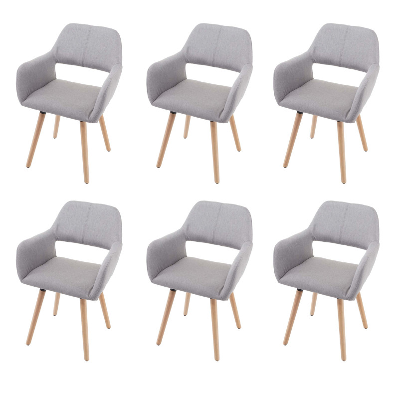 6x chaise de salle à manger fauteuil, style rétro années 50 - tissu, gris clair, pieds clairs