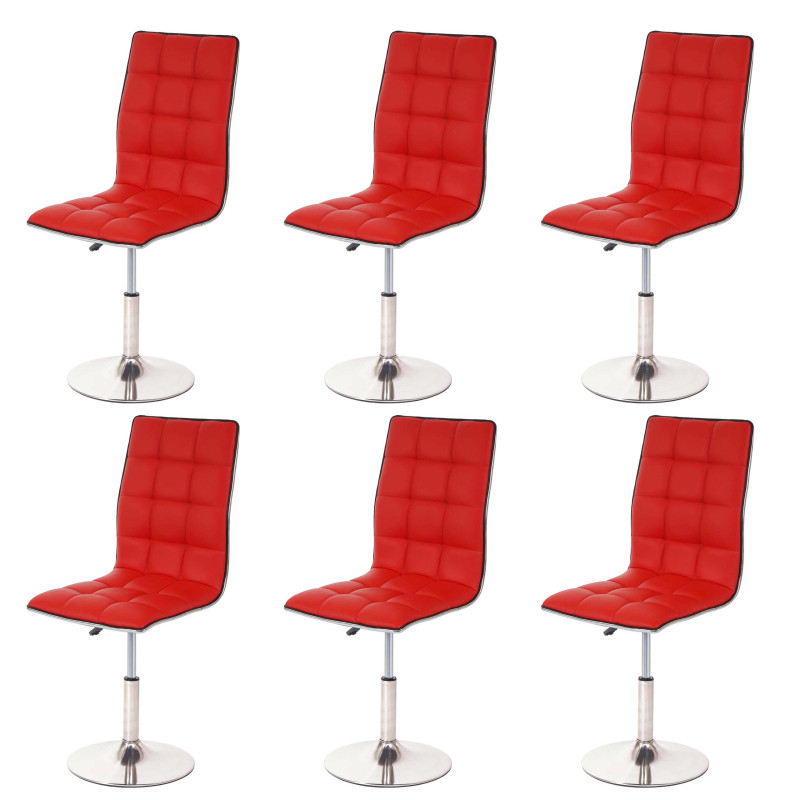 6x chaise de salle à manger oscillant, réglable en hauteur, pied en métal brossé, similicuir - rouge