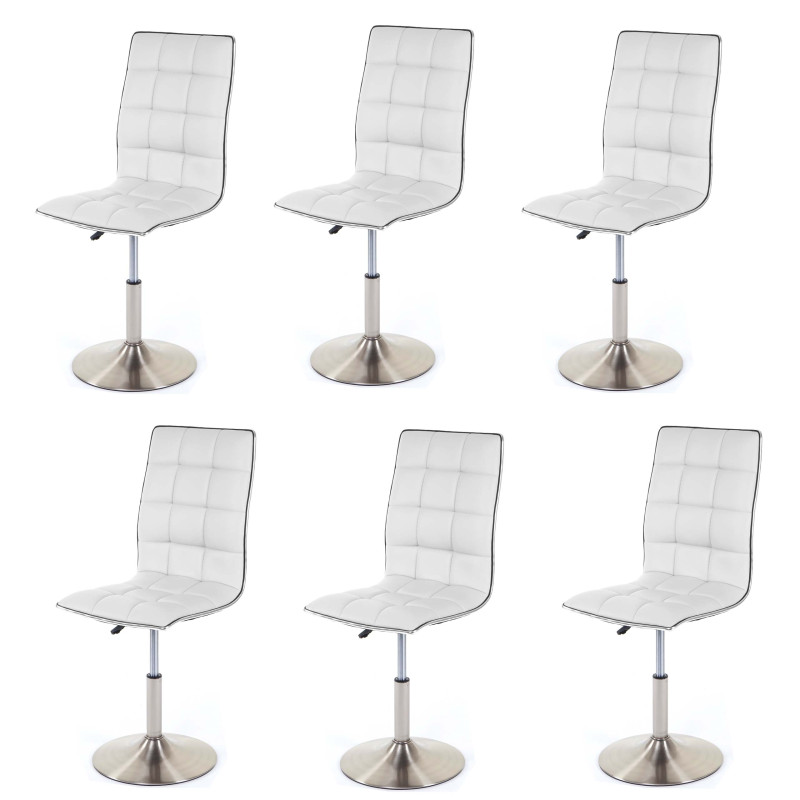6x chaise de salle à manger oscillant, réglable en hauteur, pied en métal brossé, similicuir - blanc