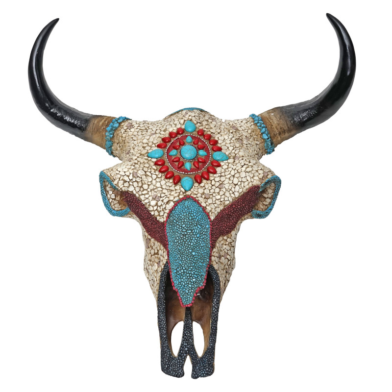 Crâne de décoration vache polyresin, sculpture, taureau avec cornes, mosaïque 51x50x25cm