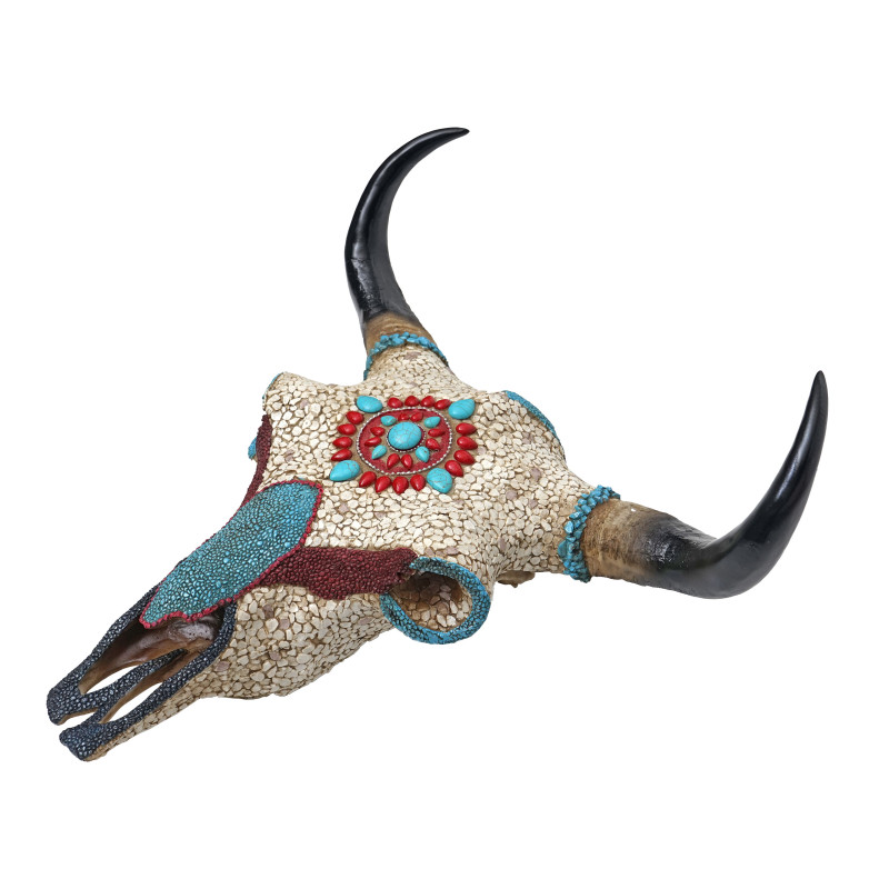 Crâne de décoration vache polyresin, sculpture, taureau avec cornes, mosaïque 51x50x25cm
