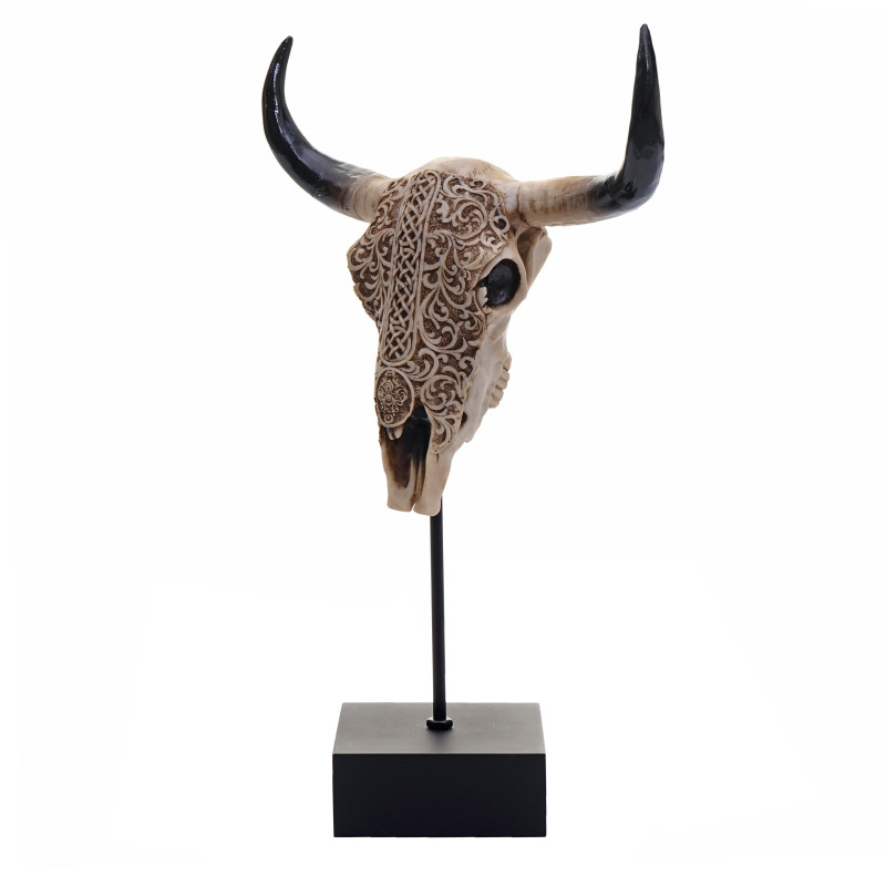 Crâne de décoration vache polyresin, trophée avec ornements, taureau avec cornes, 47x30x12cm