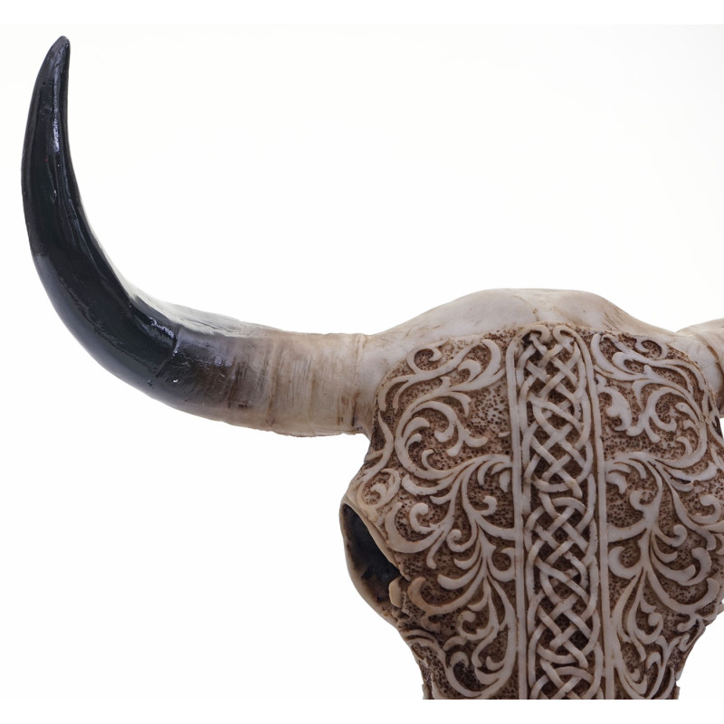 Crâne de décoration vache polyresin, trophée avec ornements, taureau avec cornes, 47x30x12cm