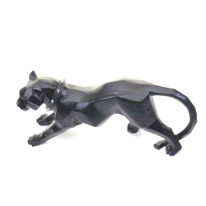 Figure de décoration léopard sculpture polyresin, 45x20x11cm - noir mat avec collier