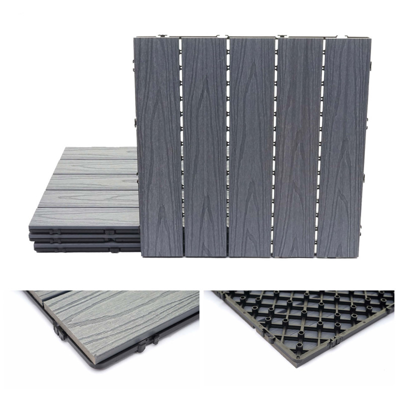 Carreaux en WPC, aspect bois pour terrasse, structure 3-D, enduit gris - 4 carreaux à 50x50 cm 1 m²