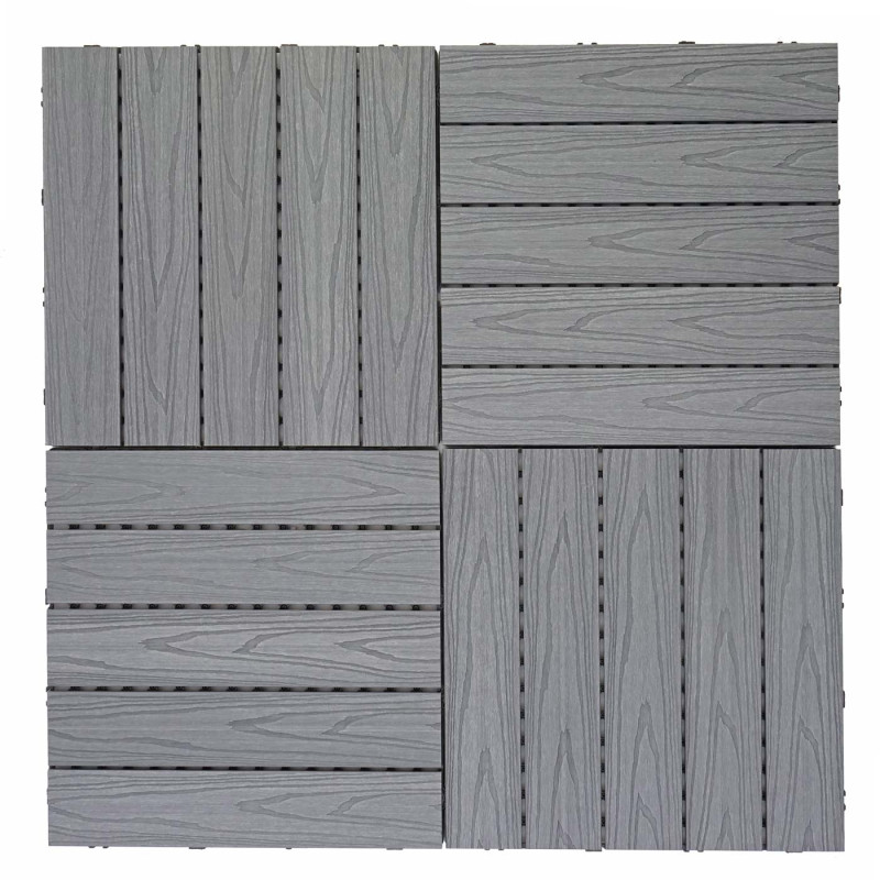 Carreaux en WPC, aspect bois pour terrasse, structure 3-D, enduit gris - 4 carreaux à 50x50 cm 1 m²