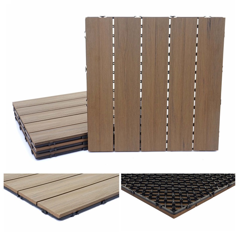 Carreaux en WPC, aspect bois pour terrasse, structure 3-D - 4 carreaux à 50x50 cm 1m² marron