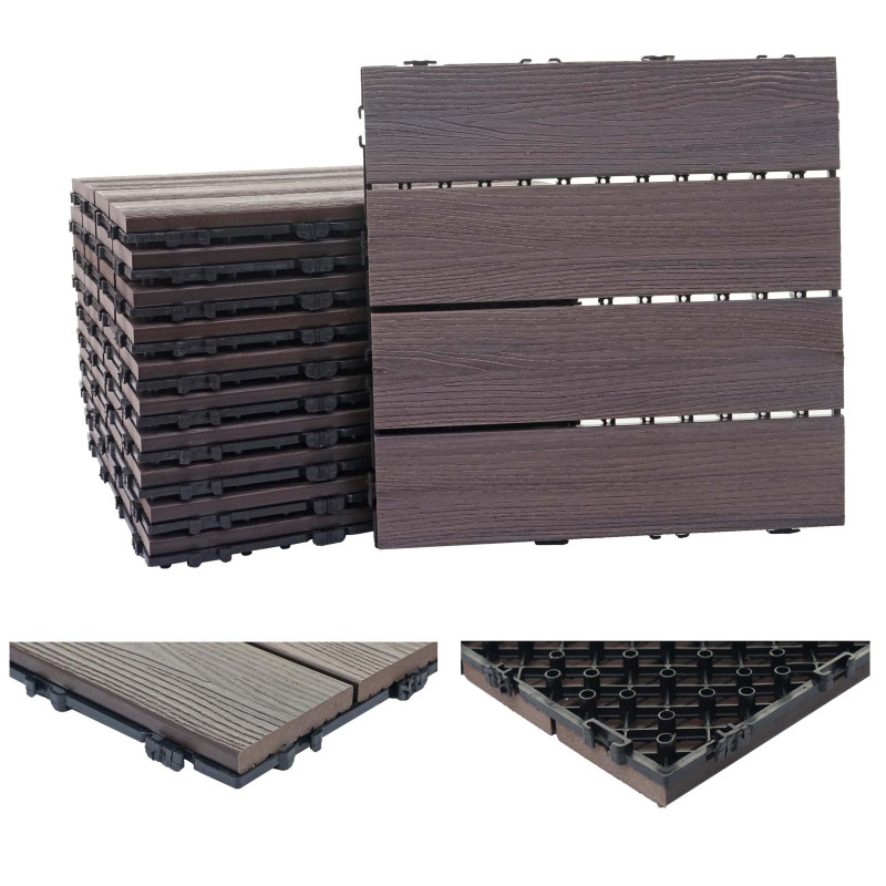 Carreaux en WPC, aspect bois,pour terrasse, structure 3-D - 11 carreaux à 30x30 cm 1 m² gris-marron