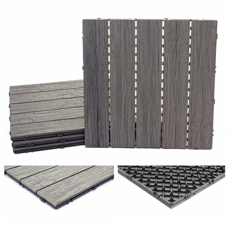 Carreaux en WPC, aspect bois pour balcon/terrasse, structure 3-D, marron - 4 carreaux 50x50 cm 1 m²