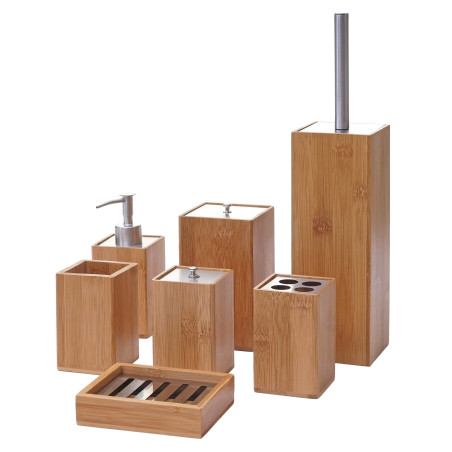 Set de salle de bains, 7 pièces accessoires de bain, distributeur de savon, bambou